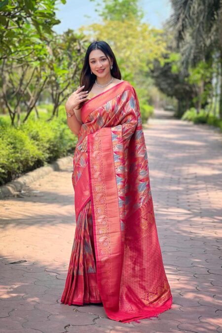 Women's Luxurious Pista Green & Pink Art Silk Saree with Intricate Leaf Weave & Broad Zari Border – Ideal for Festive & Wedding Occasions